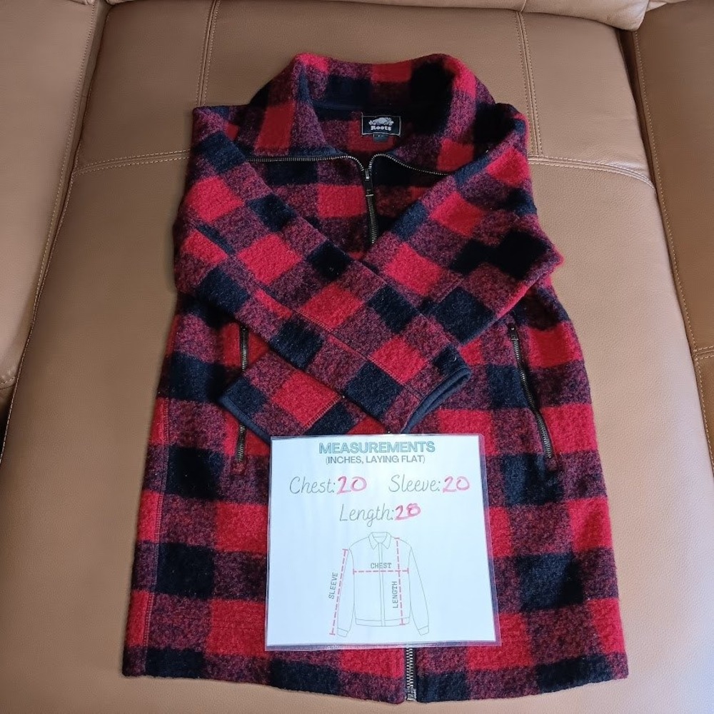 ROOTS Mens Red Black Buffalo Plaid Wool Blend Full Zip Jacket Chore coat Size S - Picture 5 of 8